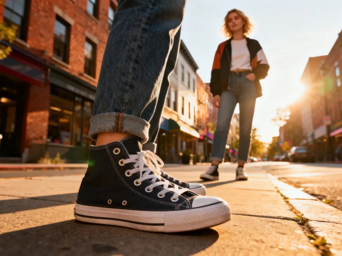 Stylowa kobieta w klasycznych trampkach i jeansach na miejskim chodniku, prezentująca modną stylizację z obuwiem Converse.