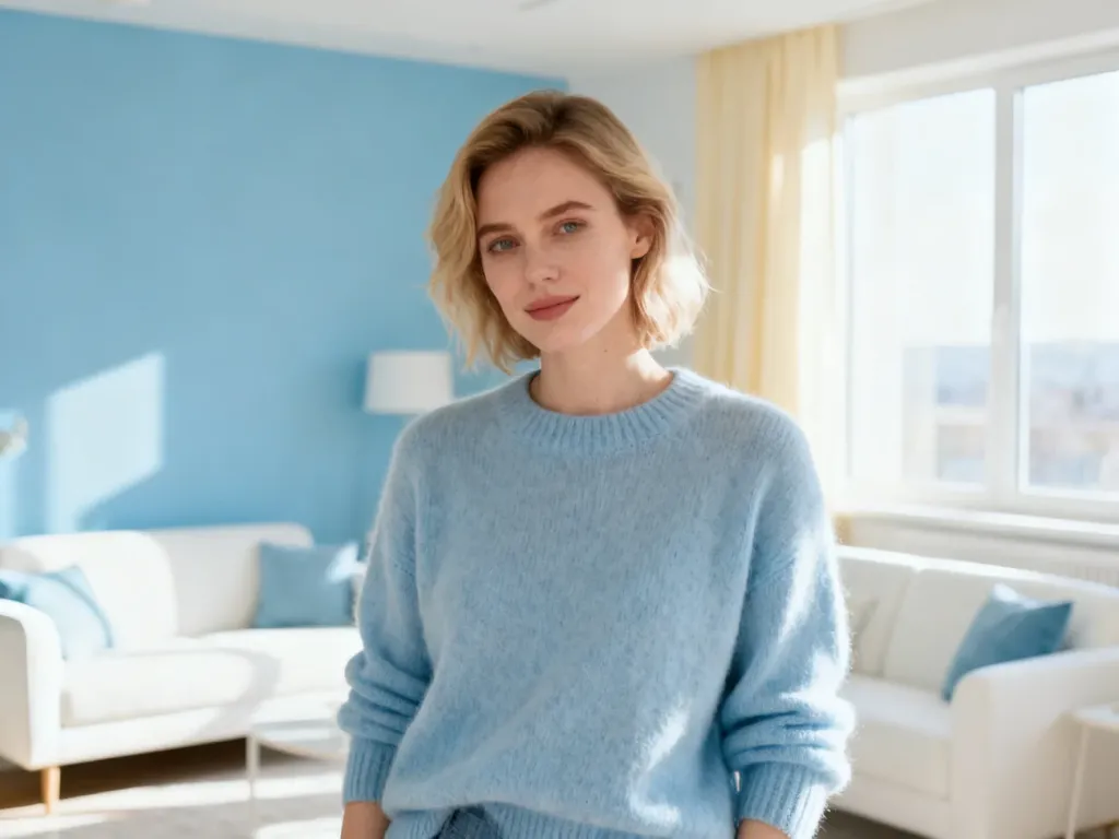 Kobieta w swetrze w kolorze baby blue w jasnym, nowoczesnym salonie z pastelowymi akcentami.