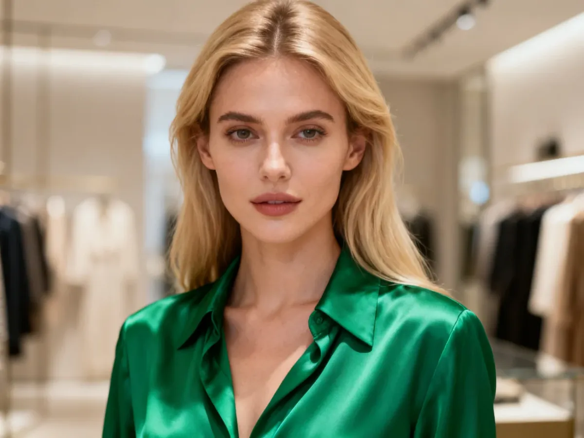 Blondynka w szmaragdowej jedwabnej bluzce, która podkreśla jej cerę i włosy, prezentując modną stylizację.