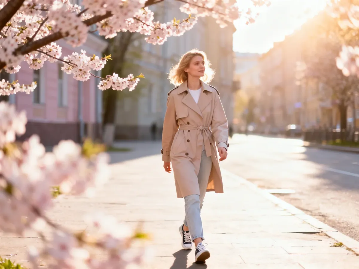 Kobieta w modnym trenczu i jeansach spaceruje wiosenną ulicą wśród kwitnących drzew. Stylizacja łącząca wygodę z elegancją.
